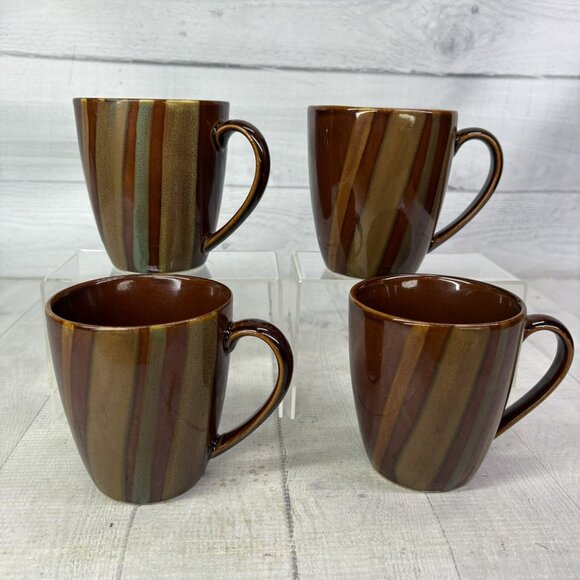 Sango AVANTI BROWN 4722 Stripes On Sand Stoneware 12oz Coffee Cups Mugs Set of 4 - Picture 3 of 15